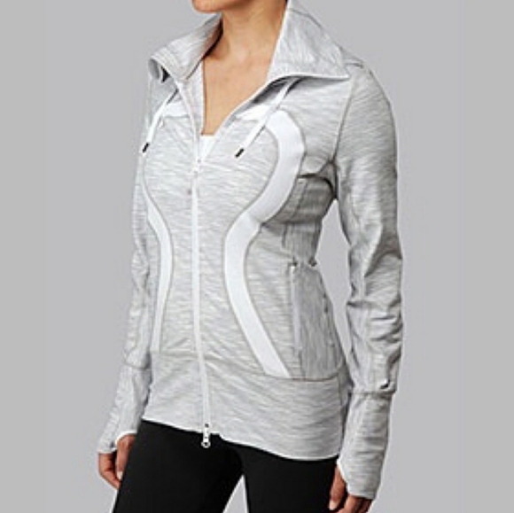 Lululemon Stride zip hooded jacket. Striped. Heathered grey and white. Size 2. - Picture 1 of 16
